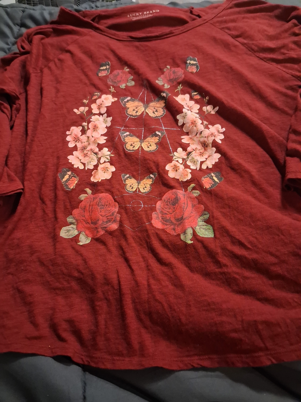 Lucky Brand Red Floral & Butterfly Graphic Tee
